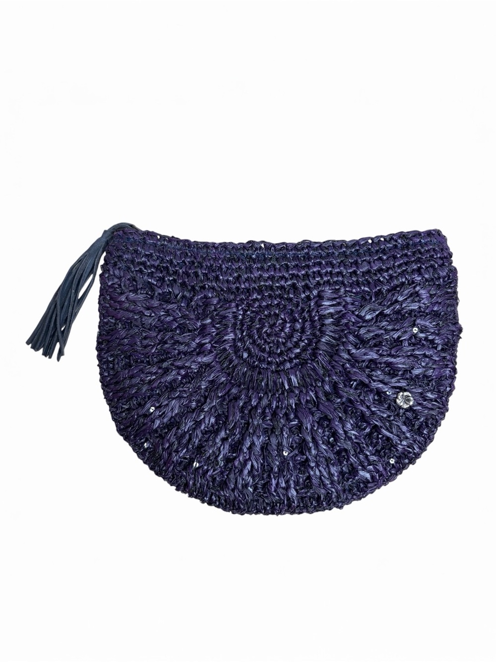 Flora Bella Raffia Clutch Bag Purple Half Circle Full Zip Tassel Travel Vacation